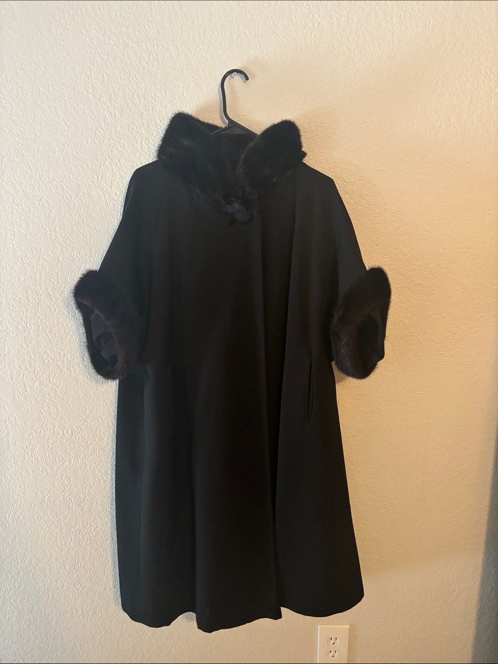 Women’s Black Swing Cape Coat with Fur Trim